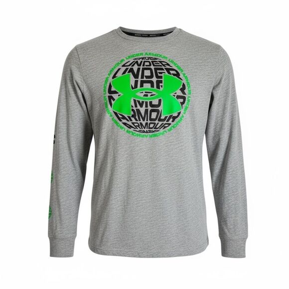 EUC Under Armour Boys Gray Long Sleeve Tee Shirt  Green Logo on Back - Size 7 - Picture 2 of 6